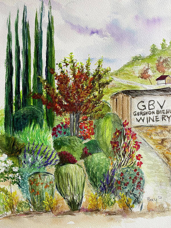 Gershon Bachus Vintners Poster featuring the painting Hill to the Barrel Room at GBV by Roxy Rich
