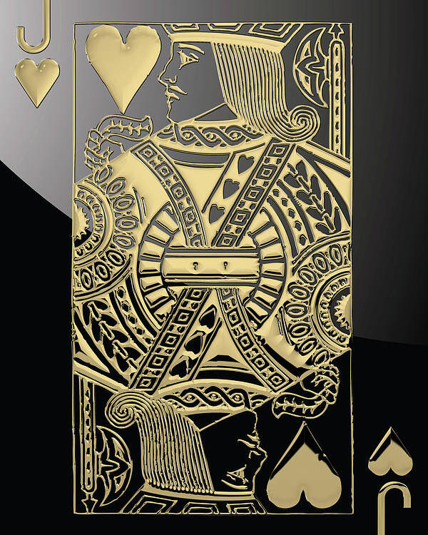 'gamble' Collection By Serge Averbukh Poster featuring the digital art Jack of Hearts in Gold over Black by Serge Averbukh