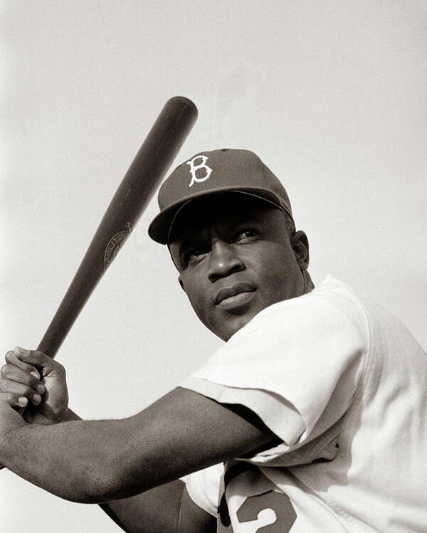 Jackie Robinson of the Brooklyn Dodgers, posed and ready to swing Poster