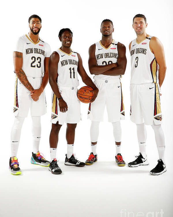 Media Day Poster featuring the photograph Jrue Holiday, Anthony Davis, and Julius Randle by Jonathan Bachman