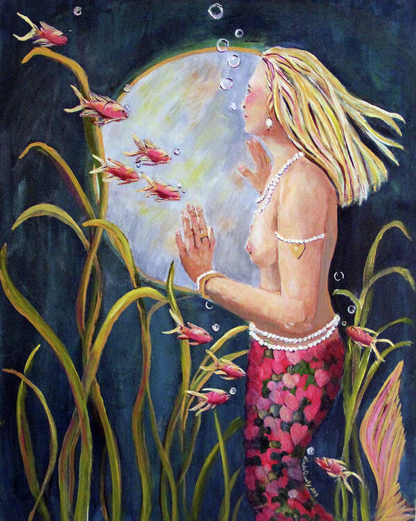 Mermaid Poster featuring the painting Just Looking by Linda Queally by Linda Queally