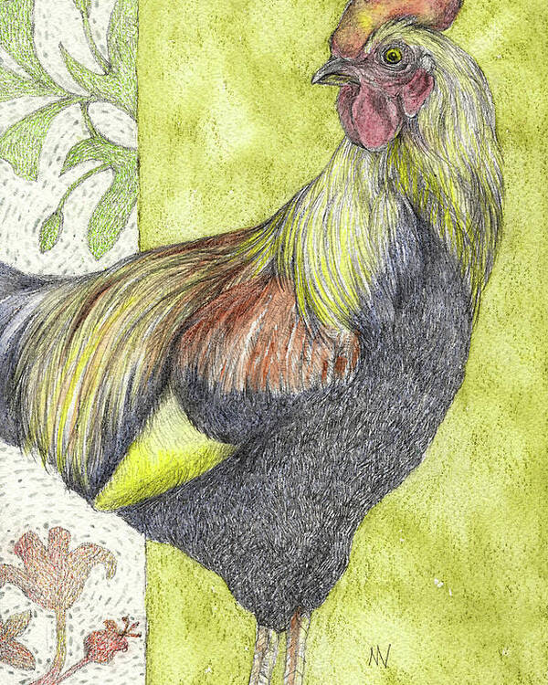 Rooster Poster featuring the mixed media Kauai Rooster by AnneMarie Welsh