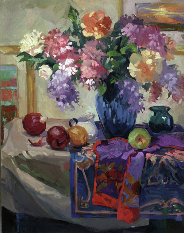 Floral Paintings Poster featuring the painting Lilacs and Peonies by Betty Jean Billups