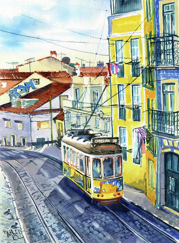 Lisbon Poster featuring the painting Lisbon Tram 28 Painting by Dora Hathazi Mendes