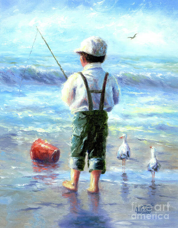 Little Beach Boy Fishing Waves Poster by Vickie Wade - Vickie Wade