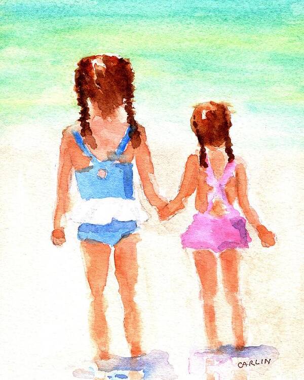 Little Sisters Poster featuring the painting Little Girls at the Beach by Carlin Blahnik CarlinArtWatercolor