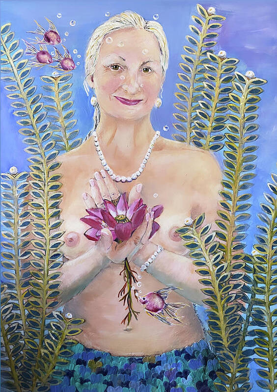 Mermaid Poster featuring the painting Mermaid with Pink Lotus by Linda Queally by Linda Queally