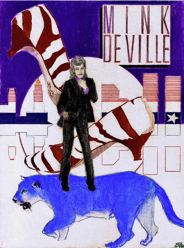 Willy Deville Poster featuring the drawing Mink DeVille - Le Chat Bleu by Sean Connolly