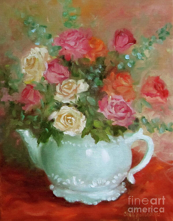 Red Roses Poster featuring the painting Mixed Rose Bouquet in Turquoise Vase by Cheri Wollenberg