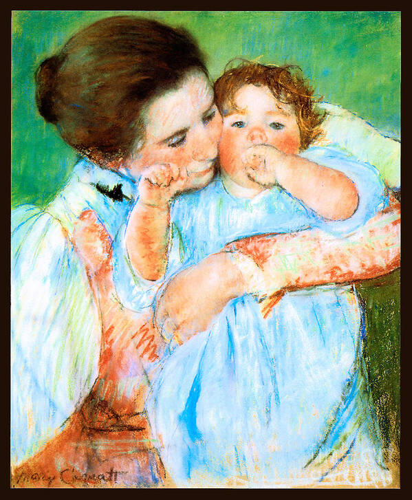Marycassatt Poster featuring the painting Mother and Child against a Green Background 1887 by Mary Stevenson Cassatt