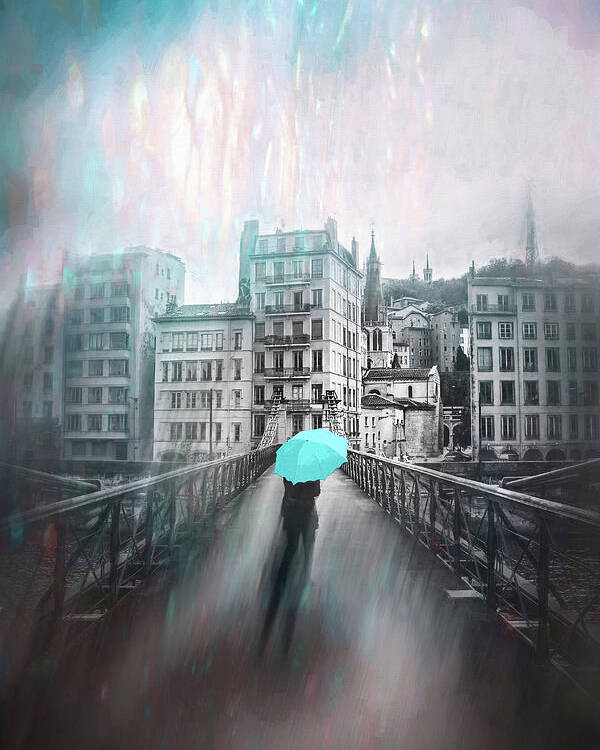 Lyon Poster featuring the photograph Passerelle Saint Vincent Lyon France Rainy Shades of Blue by Carol Japp