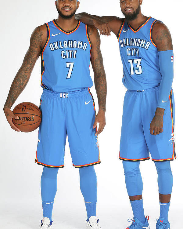 Media Day Poster featuring the photograph Paul George and Carmelo Anthony by Layne Murdoch