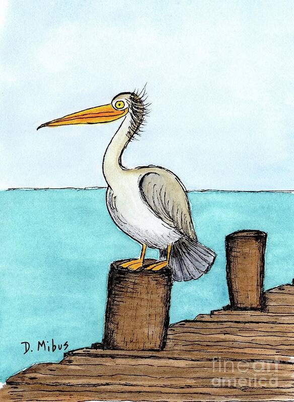 Coastal Bird Poster featuring the painting Pelican Perched on Pier by Donna Mibus