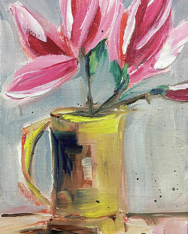 Magnolias Poster featuring the painting Pink Magnolias in a Yellow Porcelain Pitcher by Roxy Rich