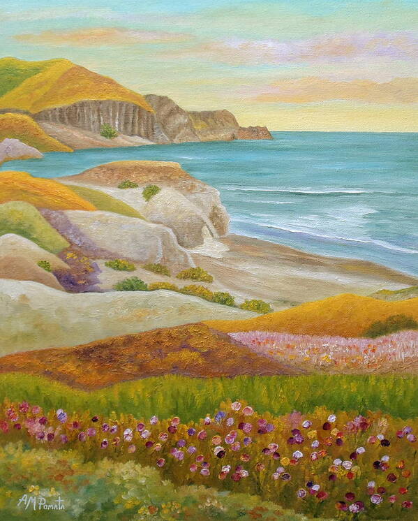 Wild Flowers Poster featuring the painting Prairie By The Sea by Angeles M Pomata