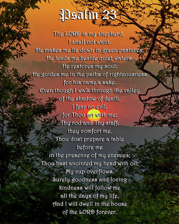 Psalm 23 Poster featuring the mixed media Psalm 23 Prayer Over Sunset Landscape by Christina Rollo