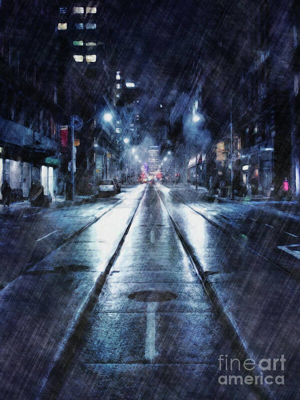 Weather Poster featuring the digital art Rainy Night Downtown by Phil Perkins