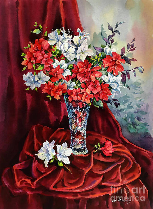 Still Life Poster featuring the painting Red and White Azaleas by Maria Rabinky