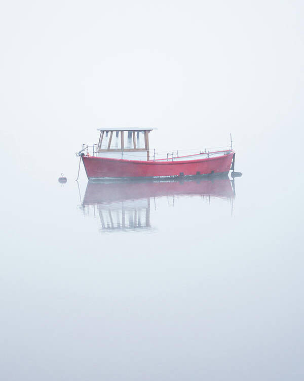 Red Boat Poster featuring the photograph Red Boat in the Mist, Coniston Water by Anita Nicholson