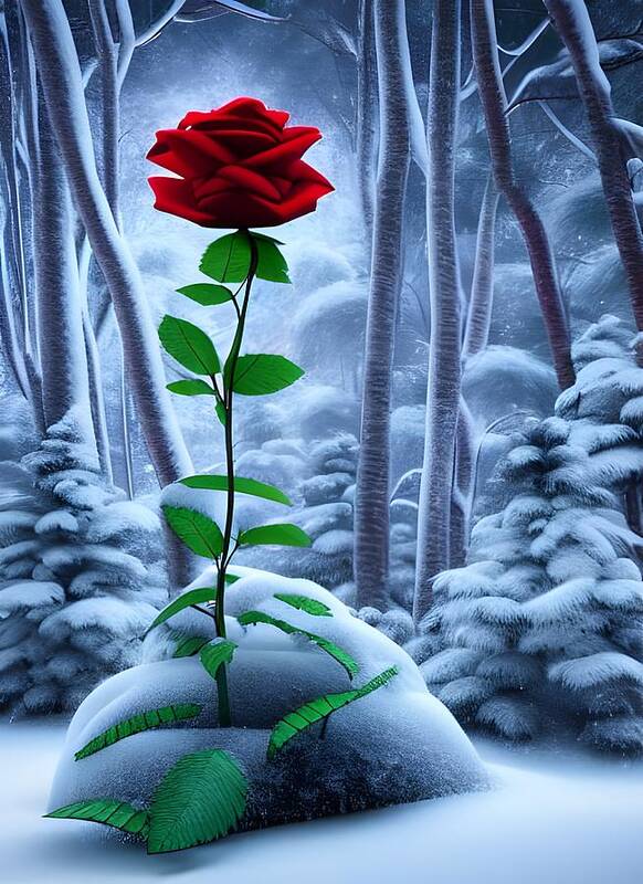 Digital Poster featuring the digital art Red Rose in the Snow by Beverly Read