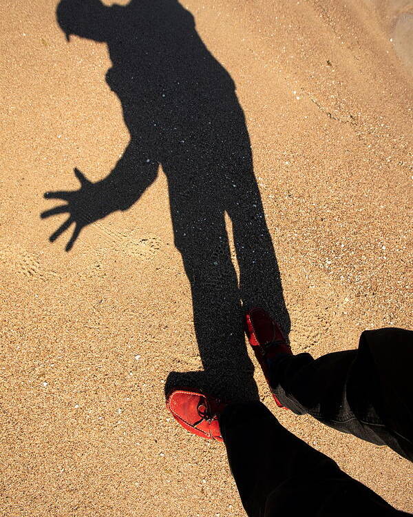 Silhouette #shadow Photography #artwork Style #shadow And Light #sandy Beach#red Shoes#jurmala Beach Poster featuring the photograph Red Shoes /Jurmala by Aleksandrs Drozdovs
