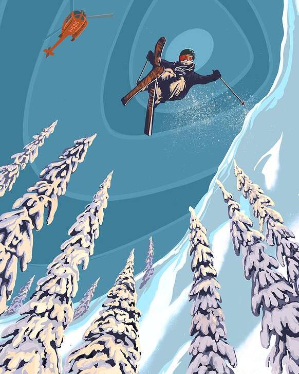 Retro Ski Art Poster featuring the painting Retro Ski Jumper Heli Ski by Sassan Filsoof