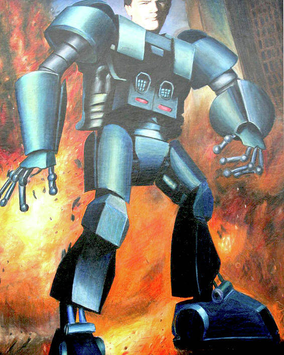 Robot Fire Boy City Color Pencil Drawing Transformer Orange Blue Figure Poster featuring the drawing Robert Robot by Kasey Jones