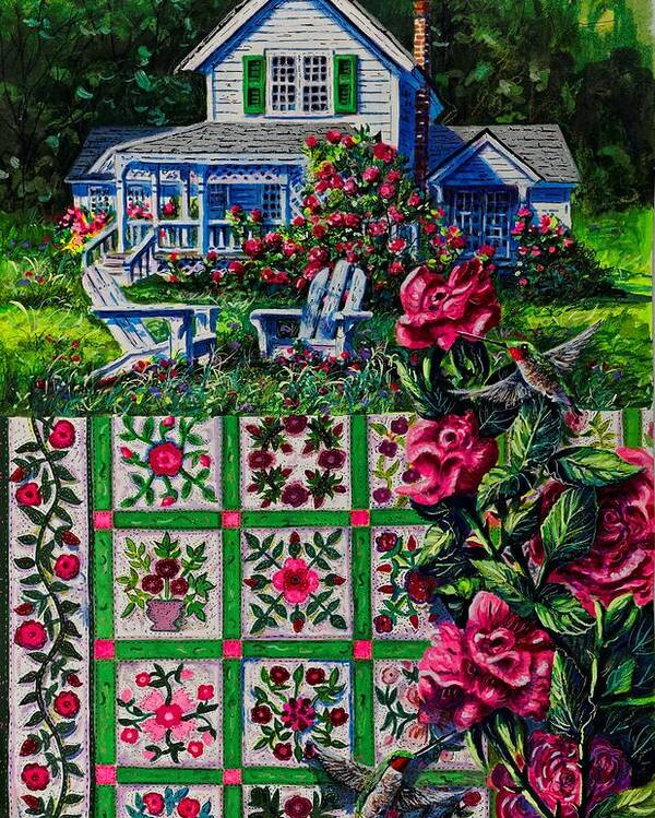 A Patchwork Quilt Of Traditional Rose Patterns In A Rose Garden With Hummingbirds Poster featuring the painting Rose Garden by Diane Phalen