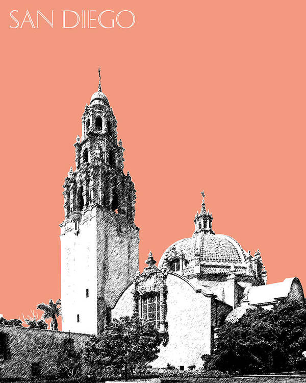 Architecture Poster featuring the digital art San Diego Skyline Balboa Park - Salmon by DB Artist