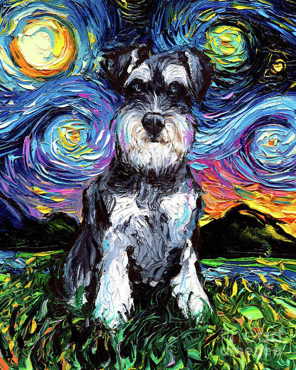 Schnauzer Poster featuring the painting Schnauzer Night by Aja Trier