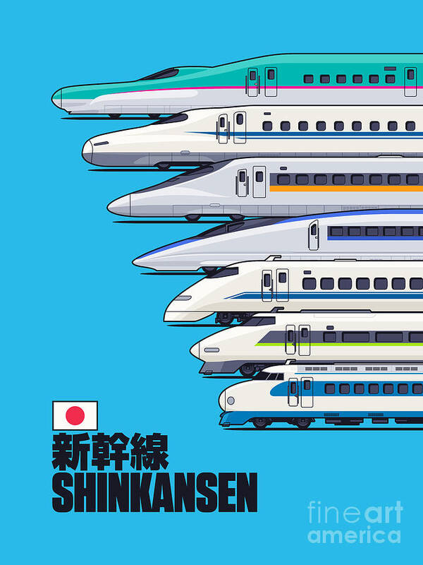 Train Poster featuring the digital art Shinkansen Bullet Train Evolution - Cyan by Organic Synthesis