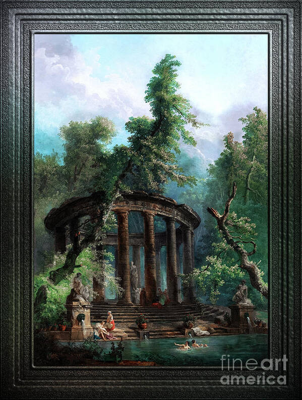 The Bathing Pool Poster featuring the painting The Bathing Pool by Hubert Robert v3 Old Masters Classical Fine Art Reproduction by Rolando Burbon