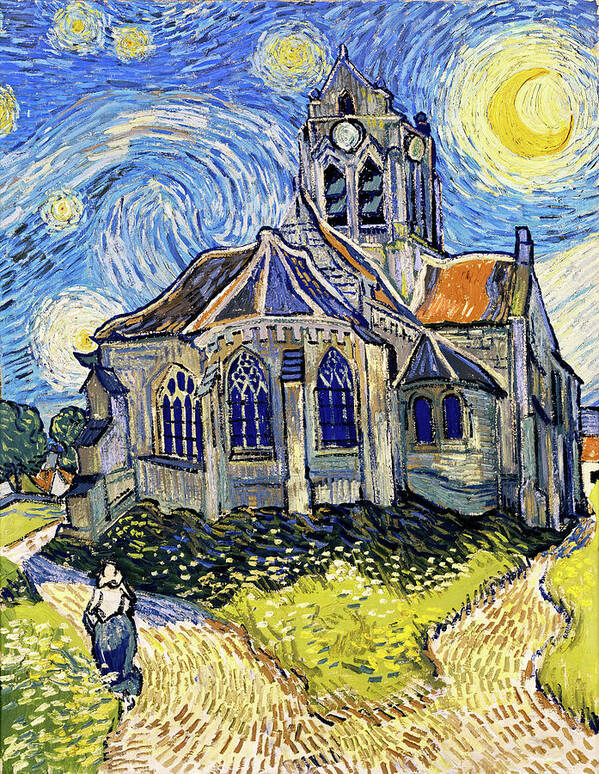 Van Gogh Poster featuring the digital art The Church at Auvers on a Starry Night - digital recreation by Nicko Prints