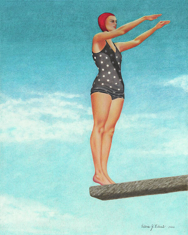 High Dive; Diving Board; Vintage Bathing Beauties; Red Swim Cap; Diving Competitions; Vintage Bathing Suits; Swimming; Polka Dot Swim Suit Poster featuring the painting The High Dive by Valerie Evans