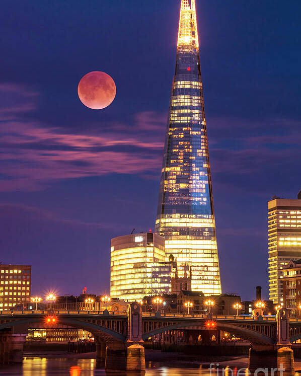 London Poster featuring the photograph The Shard and red moon, London by Neale And Judith Clark