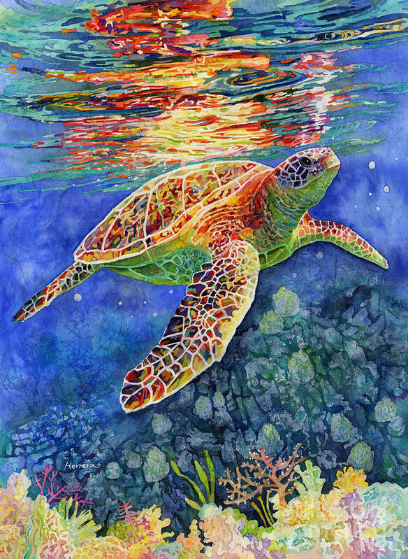 Turtle Poster featuring the painting Turtle Reflections by Hailey E Herrera