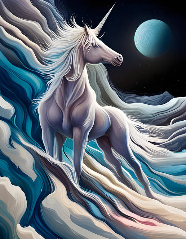 Unicorn Poster featuring the digital art Unicorn On The Moon by Jason Denis