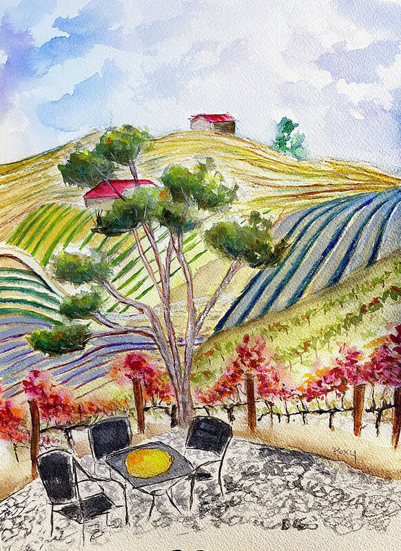View Poster featuring the painting View from the patio at Gershon Bachus Vintners by Roxy Rich