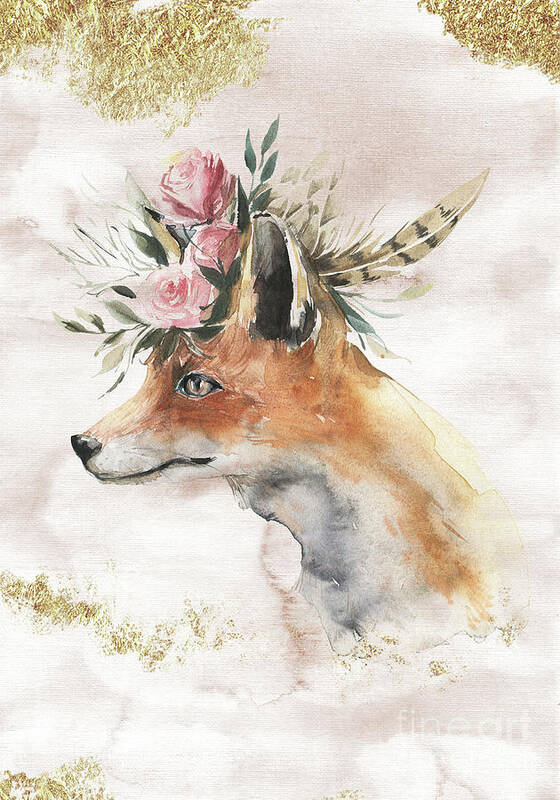 Watercolor Fox Poster featuring the painting Watercolor Fox With Flowers And Gold by Garden Of Delights