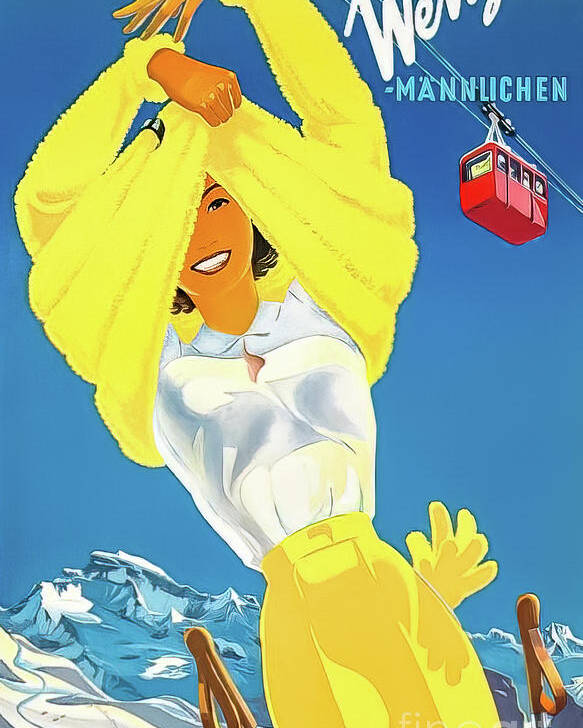 Mannlichen Poster featuring the drawing Wengen Mannlichen Switzerland Vintage Ski Poster by M G Whittingham
