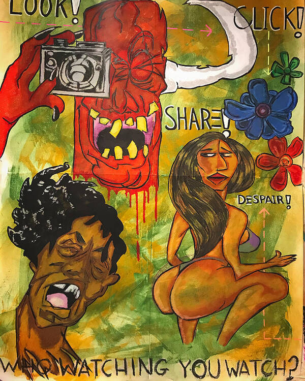 #neoexpressionism #acrylicpainting #pastelpainting #juliusdewitthannah Poster featuring the mixed media Who's Watching by Julius Hannah