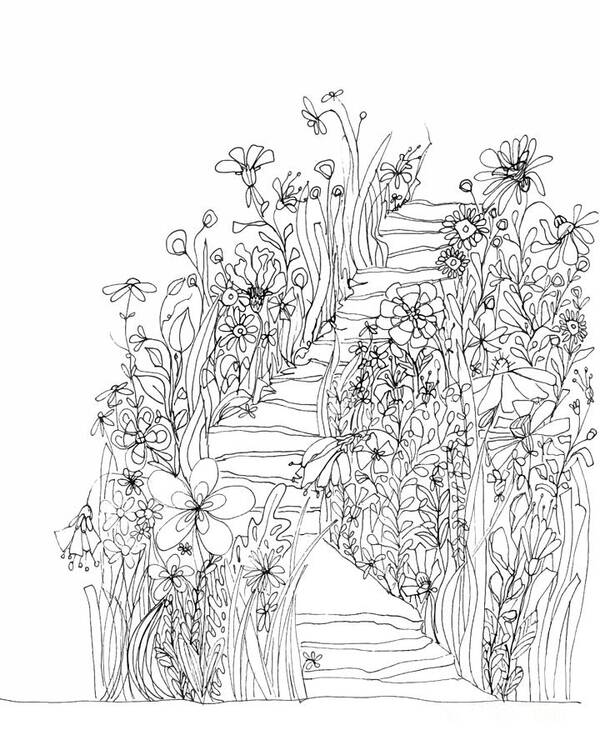 Wildflowers Stairs. Ink Drawing Art Poster featuring the drawing Wildflowers Stairs - Ink Drawing Art by Patricia Awapara