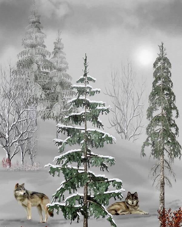 Wolf Poster featuring the mixed media Wolves In The Winter Forest Color by David Dehner