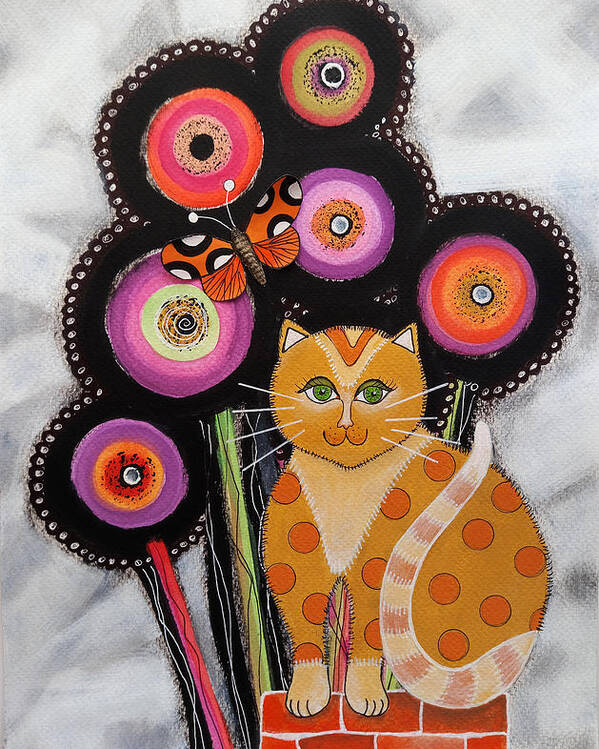 Cat Poster featuring the painting Yellow cat with Flowers by Graciela Bello