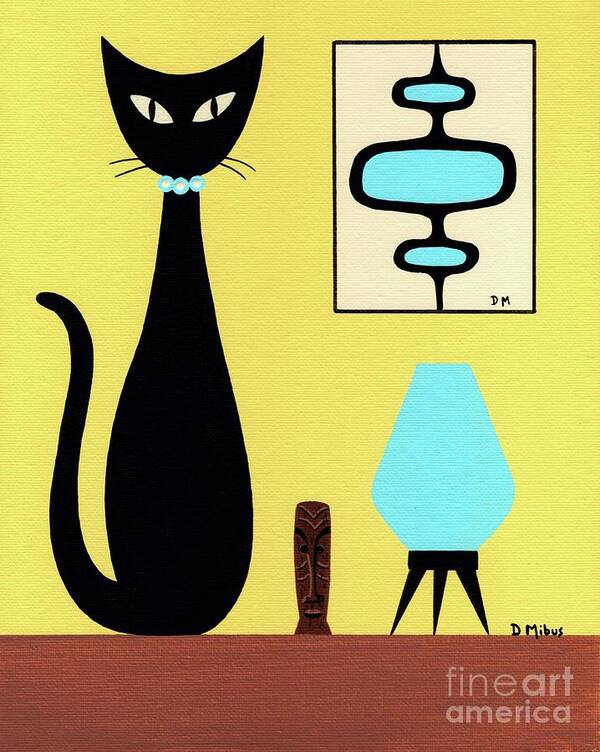 Mid Century Modern Black Cat Poster featuring the painting Yellow Tabletop Cat Beehive Lamp by Donna Mibus