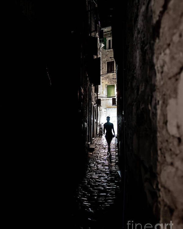  Poster featuring the photograph Young Woman Walks Alone Through Spooky Narrow Abandoned Alley In The Night by Andreas Berthold