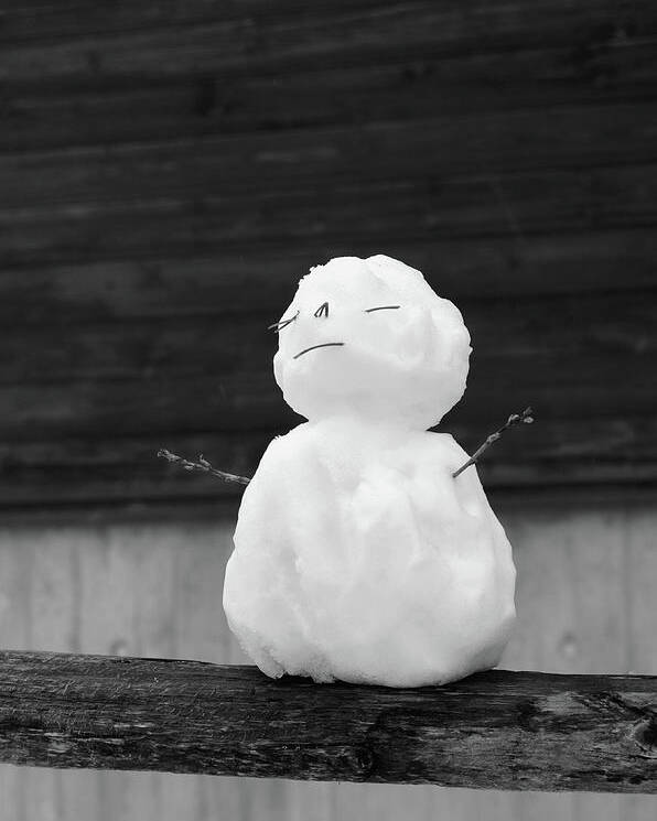 Snowman Poster featuring the photograph Zen Fence Sitting Mini Snowman Black and White by Shawn O'Brien