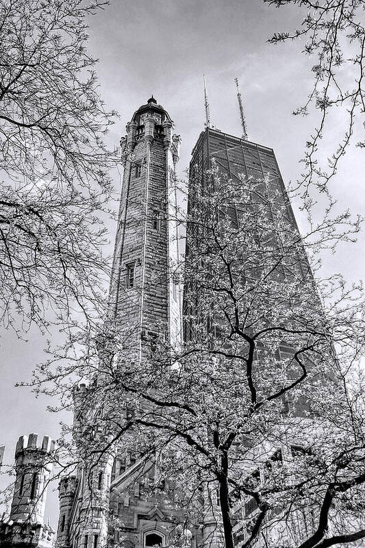 Chicago Water Tower Poster featuring the photograph Chicago Water and Hancock Towers Black and White by Christopher Arndt