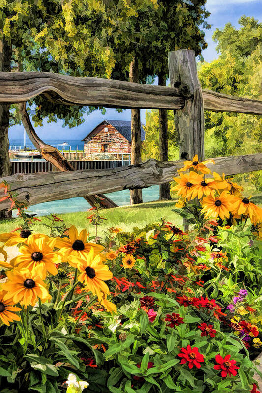 Door County Poster featuring the painting Door County Historic Anderson Dock Fence and Flowers by Christopher Arndt