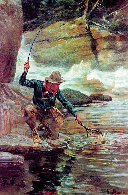 Outdoor Poster featuring the painting Fisherman By Stream by Philip R Goodwin